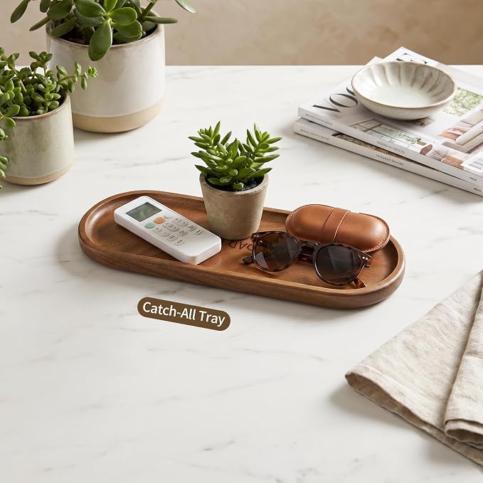 Small Wooden Tray | Acacia Wood Serving Tray for Father Vanity Tray for Men | Tray for Bathroom Counter, Coffee Table & Toilet | Ideal for Snack, Remote & Catch All | Mini Platter (Oval-Best Dad Ever)