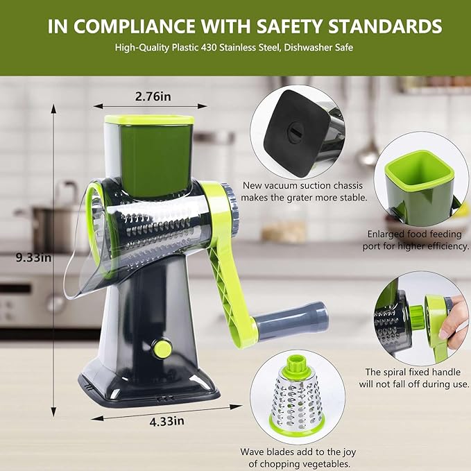 Rotary Cheese Grater with 3 Stainless Steel Blades, Hand Crank Vegetable Slicer, Suction Base, Green