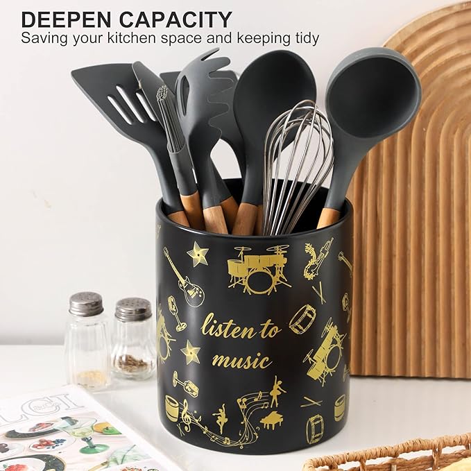 7" Music Utensil Holder, Large Kitchen Utensil Holder Organizer , Black Stable Utensil Crock Spatula Holder for Kitchen Counter Countertop Farmhouse Cooking Tools Holder（Black