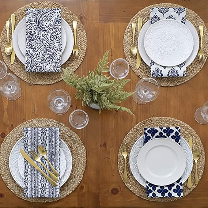 4 Pieces Round Woven Placemats, 13 inch Plate Chargers Natural Wicker Placemats Water Hyacinth Straw Braided Tablemats Rattan Tablemats Rustic Weave Placemats for Table Decoration