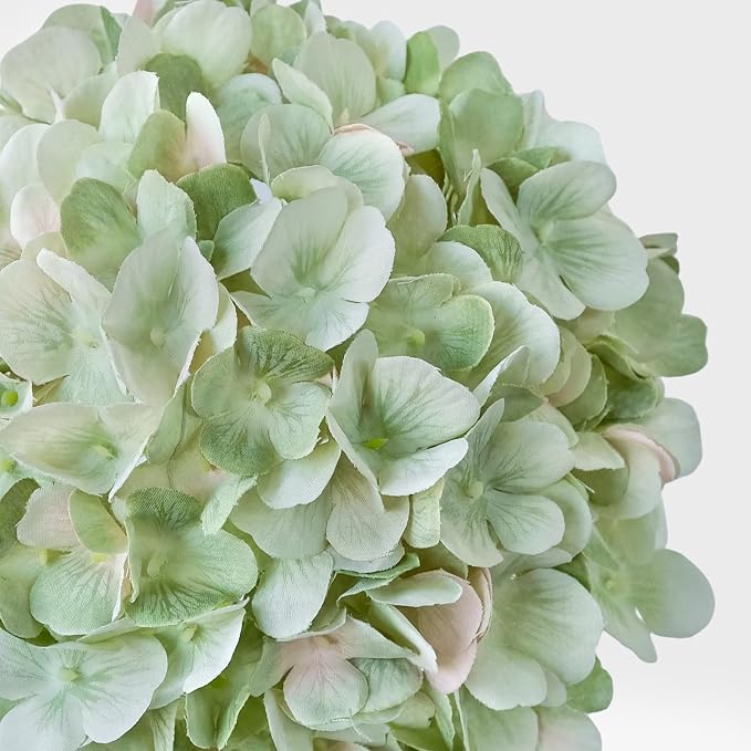 JINWOE Light Green Silk Hydrangea Artificial Flowers, 4PCS 21" Large Lifelike Faux Silk Flowers, Full Artificial Hydrangeas for Bouquet Table Centerpieces Indoor Spring Outdoor Home