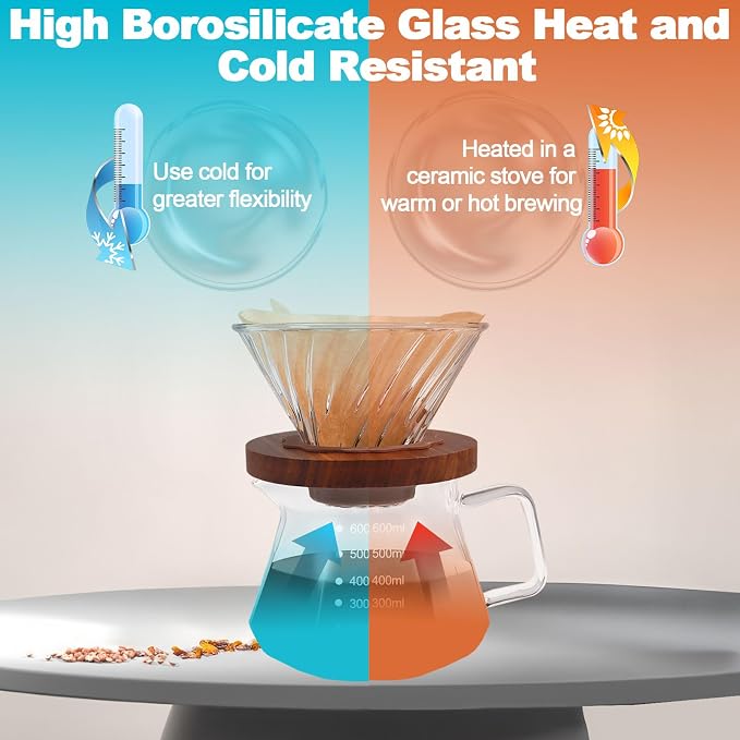Pour Over Coffee Maker 20.3oz Portable Glass Coffee Maker High Borosilicate Glass Eagle Beak Spout Design with 100 Pcs Filter Paper Walnut Wood Base for Pour Over for Daily Brewing 600ml