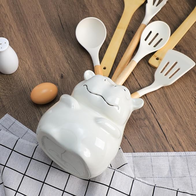Ceramic Cartoon Animal Pattern Kitchen Utensil Holder, Large Cooking Utensil Crocks for Kitchen Countertop, Cartoon Style Utensil Organizer - Hippo