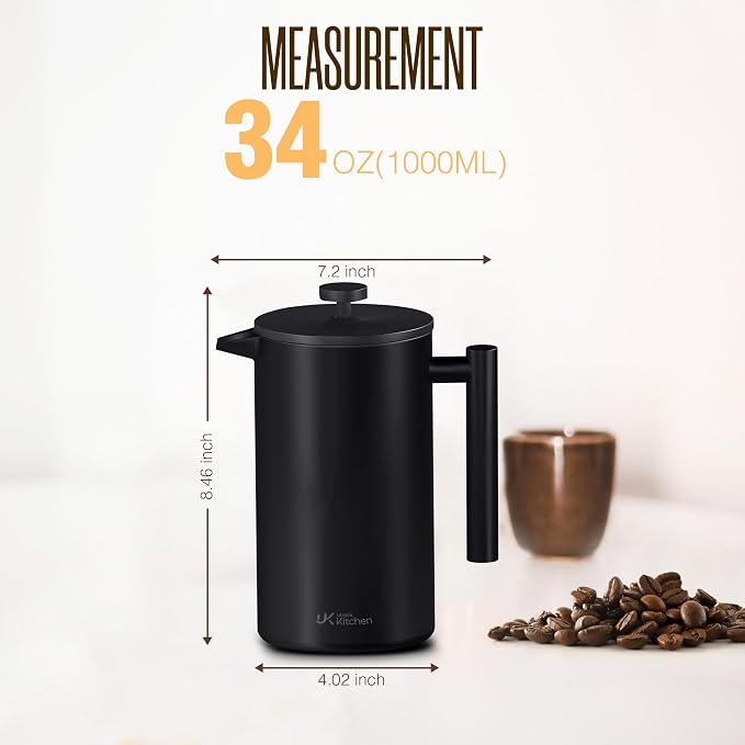 Utopia Kitchen 304 Grade Stainless Steel French Press 34 Oz, Black | Double Wall Insulated Coffee Press with 4-Level Filtration System, Include 2 Extra Filters, Rust-Free, Dishwasher Safe