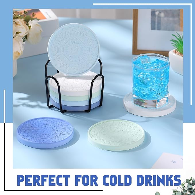 Photect Diatomaceous Earth Coasters Set with Holder Absorbent Stone Drink Coasters Instant Drying Tray for Tabletop Protection Home Decoration Housewarming Gift(Blue,8 Pcs)