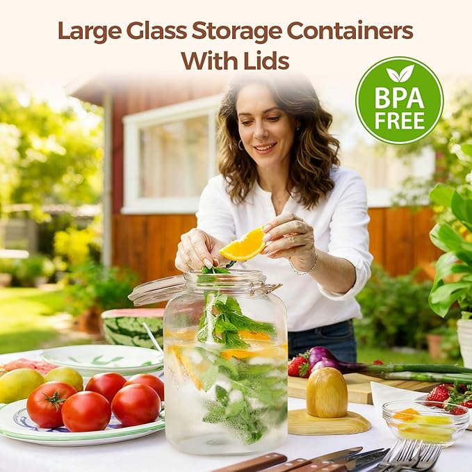 ComSaf 5L Square Glass Jars with Airtight Lids (1.3 Gallon, Set of 2), Space-Saving Canisters for Bulk Flour & Rice Storage, Ideal for Large-Batch Fermenting, Pickling & Kombucha