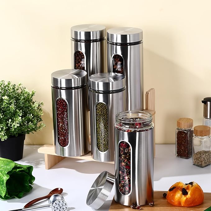 Mimorou 3 Pcs Stainless Steel Canister Set with Glass Windows Visible Storage Jars Silver Kitchen Canister Set for Pasta Flour Oat Sugar Container, Kitchen Tools, Housewarming Gifts(44 oz)