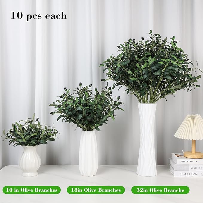 10PCS 32inch Artificial Olive Branches Long Thicken Faux Olive Stems Greenery Plants with Lifelike Olives and Silk Leaves for DIY Floral Crafts Office Wedding Home Decor (Vase Not Included)