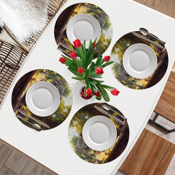 Round Placemats Set of 4, Sunny Red Wine Grapes Painting Woven Placemats Mats Non-Slip Heat Resistant Washable Table Mats Round Braided Place for Farmhouse Kitchen Dining Party Decor 15in