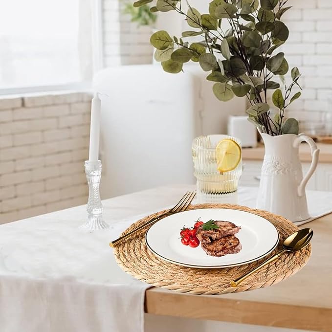 Woven Placemats Set of 6, 13.5" Round Rattan Placemats, Natural Water Hyacinth Place mats, Farmhouse Weave Place Mats, Rustic Braided Wicker Table Mats for Dining Table, Home, Outdoor