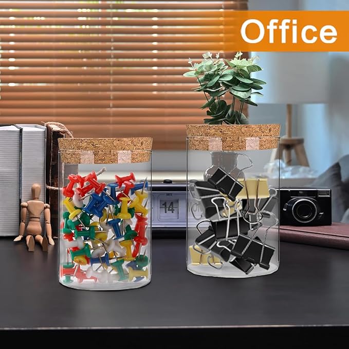 Airtight Glass Storage Containers with cork Lid, for Kitchen Pantry Organization and Storage jar，Ideal for Coffee Beans Snacks Flour Cereal Sugar Tea 21oz. (Circular 4.7 * 3.3in*4pcs)