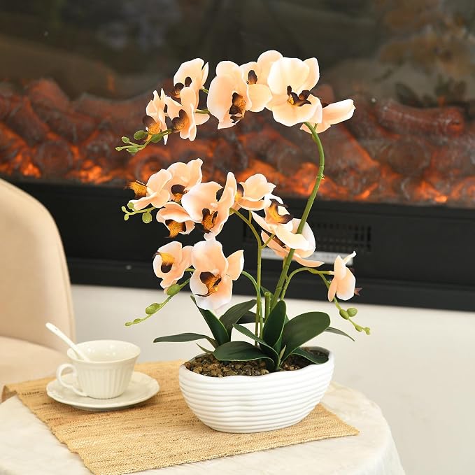 19" H Phalaenopsis Faux Orchid Plant Silk Orchid Centerpiece Artificial Floral Arrangement in Ceramic Pot (Champagne)