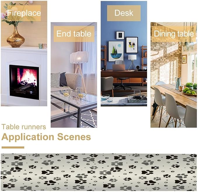 Dog Paw Print Table Runner, Cartoon Grey Simple Cute Cat Dog Animal Paw Print Table Decor Table Top Dining Kitchen Wedding Party 13x36 in