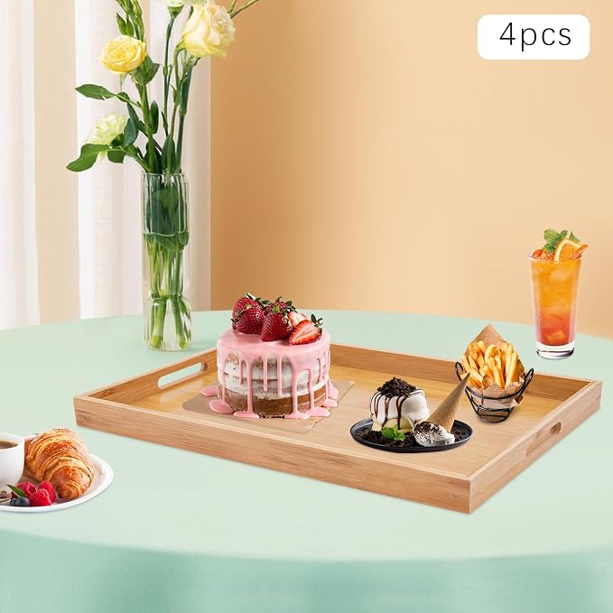 A Set of 4 Food Tray Wooden Tray 6.61-11.02lbs Load Rectangular Kitchen Tray Bamboo Serving Tray with Handles for Restaurant Barbecue Fruits, Cakes, Drinks (18.1 * 13 * 1.4in)