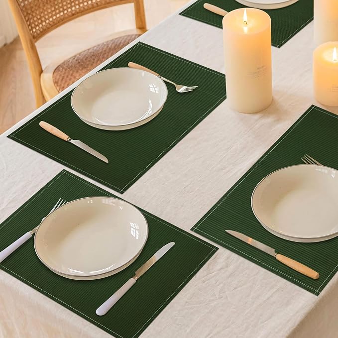 Niviy Dark Green Christmas Placemats Set of 4, 12x18 Inch Washable Easy to Clean Heat-Resistant Anti-Skid Grey Placemats for Holiday Party Kitchen Dining Room Decoration