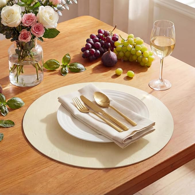 Artoid Mode Beige Faux Leather Placemats Set of 6, 15 Inch Waterproof Wipeable Heat Resistant Vinyl Place Mats, Reversible Table Mats for Kitchen Dining Decor