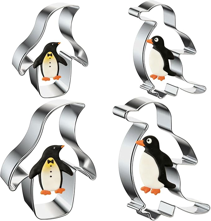 4 Pcs Penguin Cookie Cutters Set, Stainless Steel Arctic Animal Cookie Cutters Shapes Penguin Biscuit Cutters Molds for Baking Homemade Treats Birthday Party Supplies