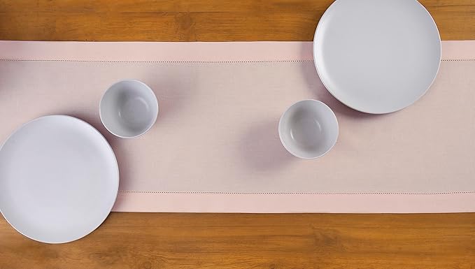 Solino Home Pink Hemstitch Table Runner 48 Inches - Cotton Linen Small Table Runner 14 x 48 Inch Ideal for Dresser and Coffee Tables - Spring, Summer
