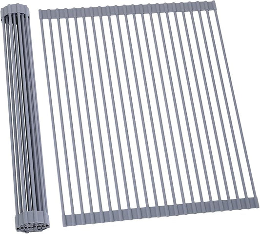 Ohuhu Sink Drying Rack, 20.5" W x 16.1" L Over The Sink Roll-Up Dish Drainer - Rolling Foldable Accessories Heat-Resistant Mat Anti-Slip Silicone Coated Multipurpose for Kitchen Counter