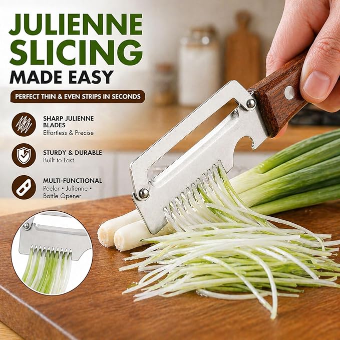 2 PCS Multifunctional Vegetable Peelers for Kitchen, 2026 Upgraded Stainless Steel Peeler with Bottle Opener, Wooden Handle,Julienne Cutter, 2-in-1 Non-Slip Kitchen Tool for Potato, Carrot, Fruits