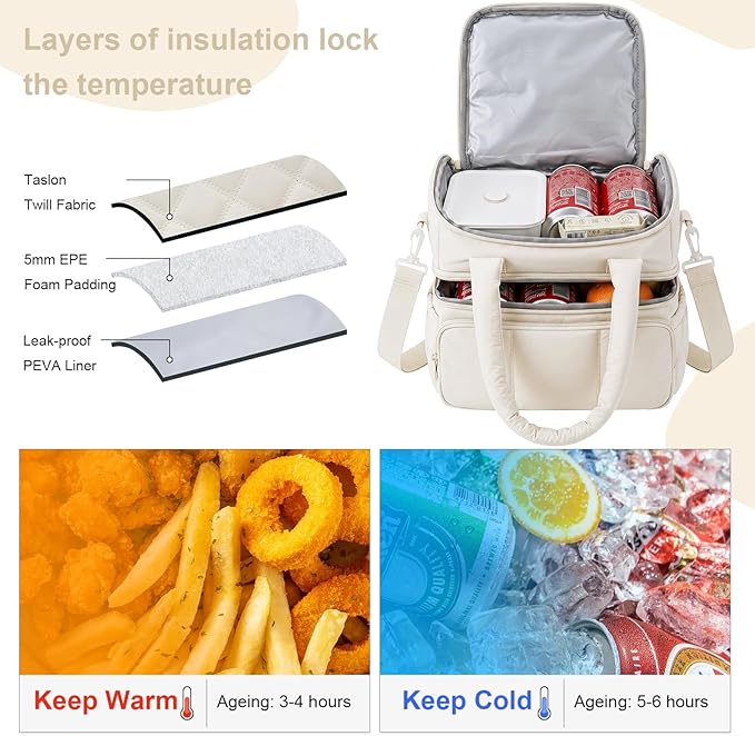 Nanxson Women Lunch Bag Double Deck Insulated Lunch Tote Bag Leakproof Quilted Puffer Lunch Box Reusable Lunch Cooler with Adjustable Strap For Work Picnic Travel Outdoor (10.9L, Beige)