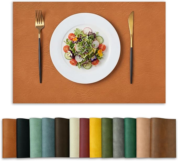 Artoid Mode Rust Faux Leather Placemats Set of 6, 12x18 Inch Waterproof Wipeable Heat Resistant Vinyl Place Mats, Reversible Table Mats for Fall Kitchen Dining Decor
