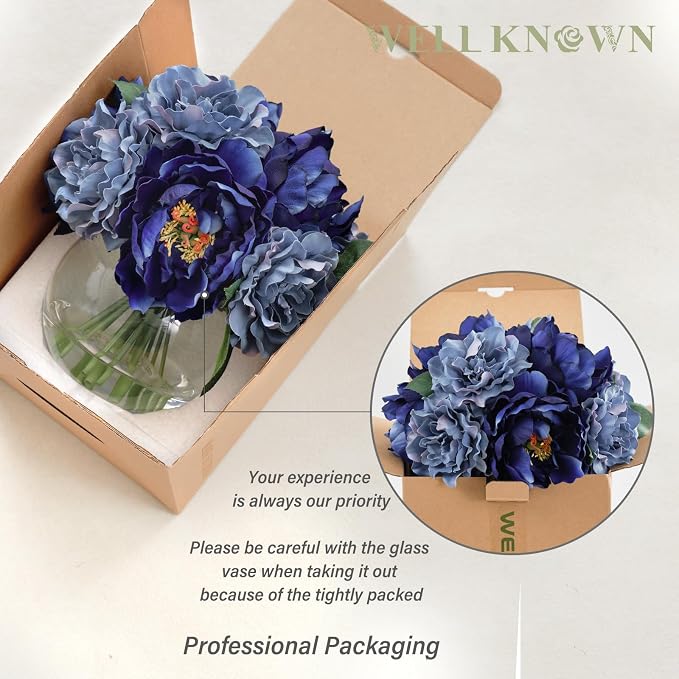 WELL KNOWN Artificial Blue Peonies Flowers in Vase with Faux Water, Silk Fake Flower Arrangements for Spring Home Dining Coffee Table Decor Wedding Party Centerpieces & Mom's Birthday Gift