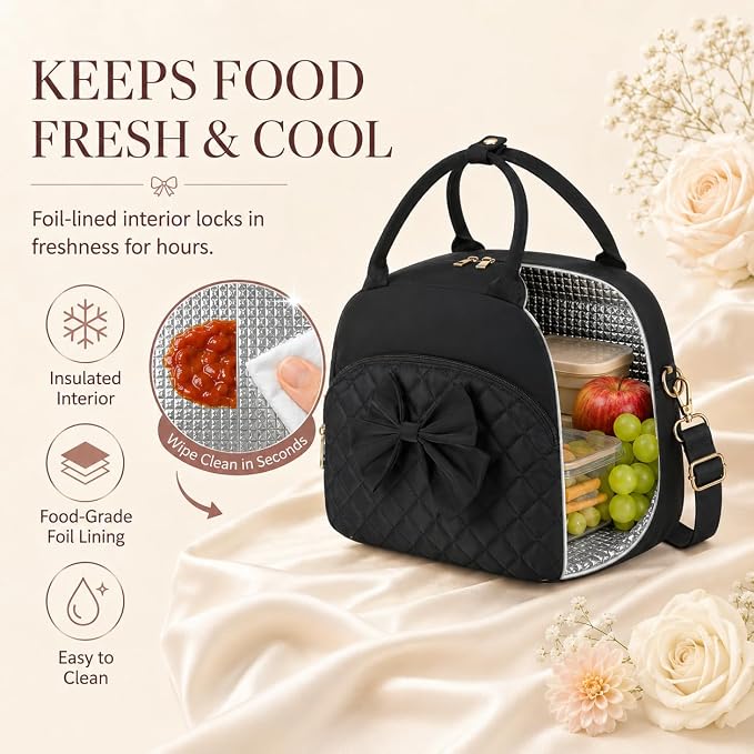 LEDAOU Lunch Box for Women, Insulated Lunch Bag Women with Adjustable Shoulder Strap, Cute Black Lunch Tote Bag for Work, Womens Lunch Bag with Bowknot, Front Zipper Pocket & Side Pockets