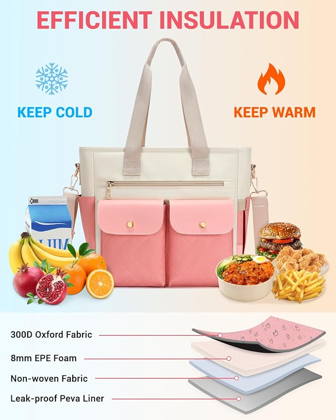 RalChyez Lunch Box for Women, Large Lunch Tote Leakproof Adult Lunch Bag Insulated Lunch Cooler Purse with Storage Pocket for Work Picnic Beach Trip Pink