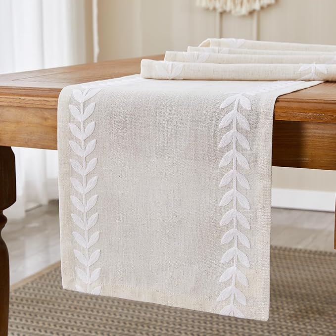 Wracra Embroidered Table Runner Irregular Willow Leaf Table Runners 60 Inches Long for Dresser Home Dining Table Decor,14 x 60 Inch, White