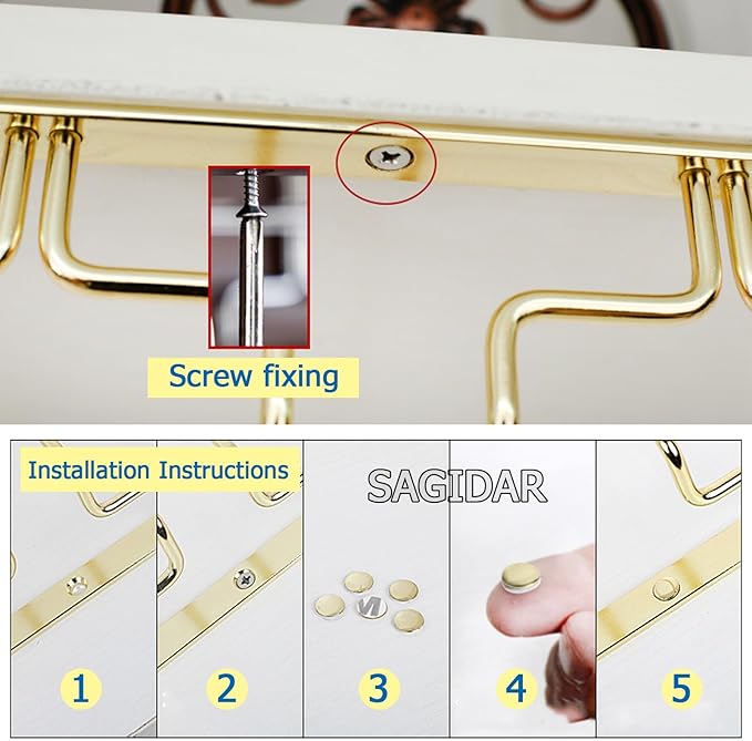 SAGIDAR Stainless Steel Hanging Wine Glass Rack, Under Cabinet, Gold, Width 18/22.5/28cm, Space Saving, Kitchen Cabinet Storage, Dining Room Display, Bar Use