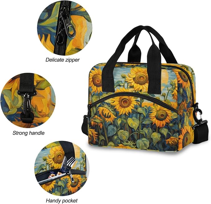 ALAZA Vintage Yellow Sunflower Print Insulated Lunch Bag for Women Men Reusable Lunch Box Tote Bag Adjustable Shoulder Strap Cooler Bag Leakproof Work Picnic