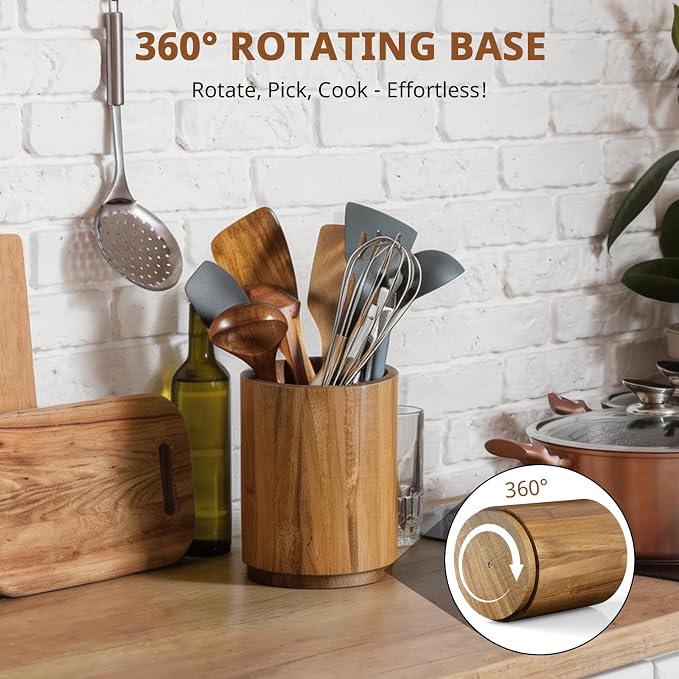 Bivvclaz Acacia Wood Utensil Holder, 360°Rotating 7.2" Utensil Holder for Kitchen Counter, Large Kitchen Utensil Holder, Cooking Utensil Crock for Countertop, Farmhouse Kitchen Decor and Accessories