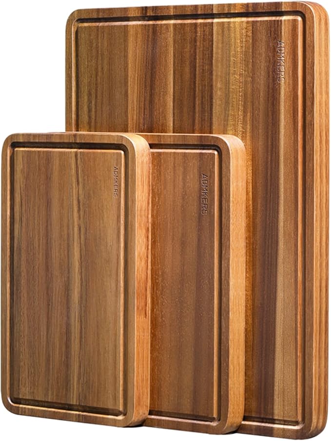 Wood Cutting Boards Set of 3 for Kitchen, Thick Chopping Board, Large Wooden Cutting Board Set with Deep Juice Groove and Handles, Wooden trays for meat, fruit and cheese
