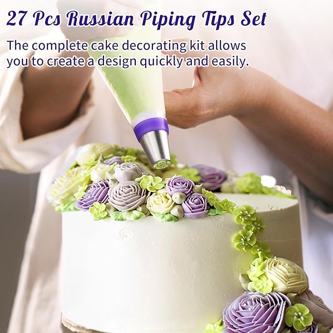 27-Piece Russian Piping Tips Set - Icing Bags and Tips Set Cake Decorating(12 Icing Tips 10 Pastry Baking Bags 2 Leaf Piping Tips 2 Couplers 1 Silicone Bag)