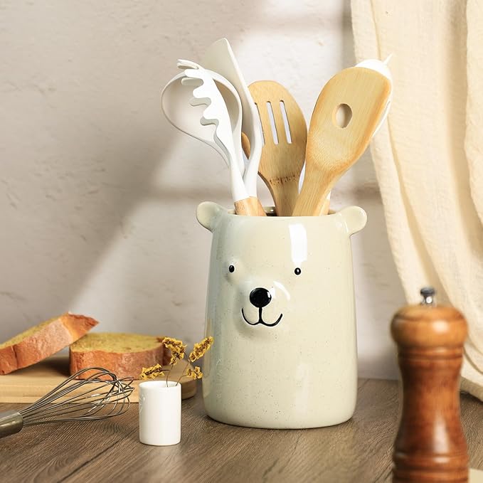 Ceramic Cartoon Animal Pattern Kitchen Utensil Holder, Large Cooking Utensil Crocks for Kitchen Countertop, Cartoon Style Utensil Organizer for Spatula, Kitchen, Home Decoration-Bear