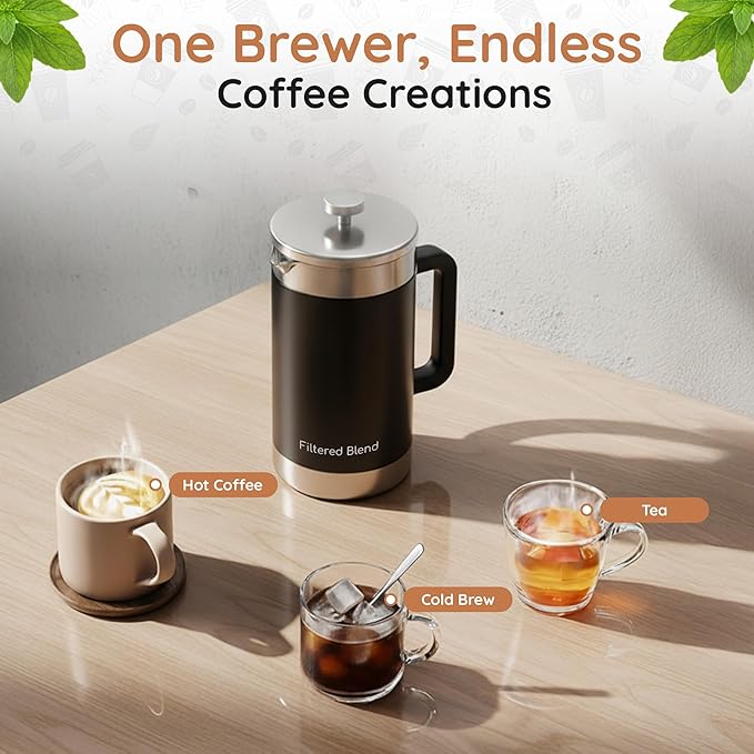 1.6L French Press Coffee Maker, 54oz Large Capacity French Press Stainless Steel Brewer with Double Filter Mesh for Kitchen Travel Camping, Hot & Cold Brew Coffee Maker Gifts (Black)