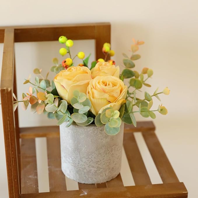 Small Artificial Burnt Yellow Rose Potted Plant, 6" Fake Silk Flowers in 3" Cylindrical Pot, Mini Faux Floral Arrangement for Desk Shelf Bathroom Decor