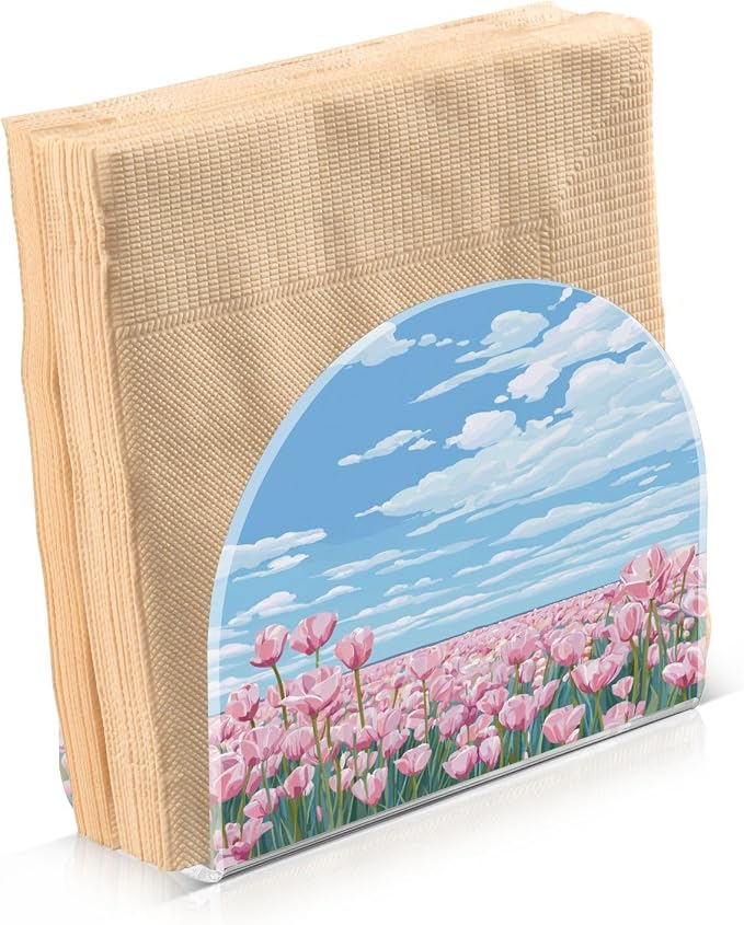 Napkin Holder Acrylic Napkin Holder for Table Kitchen Party Restaurant U Shaped Upright Napkin Dispenser Organizer Pink Tulip Field and Blue Sky