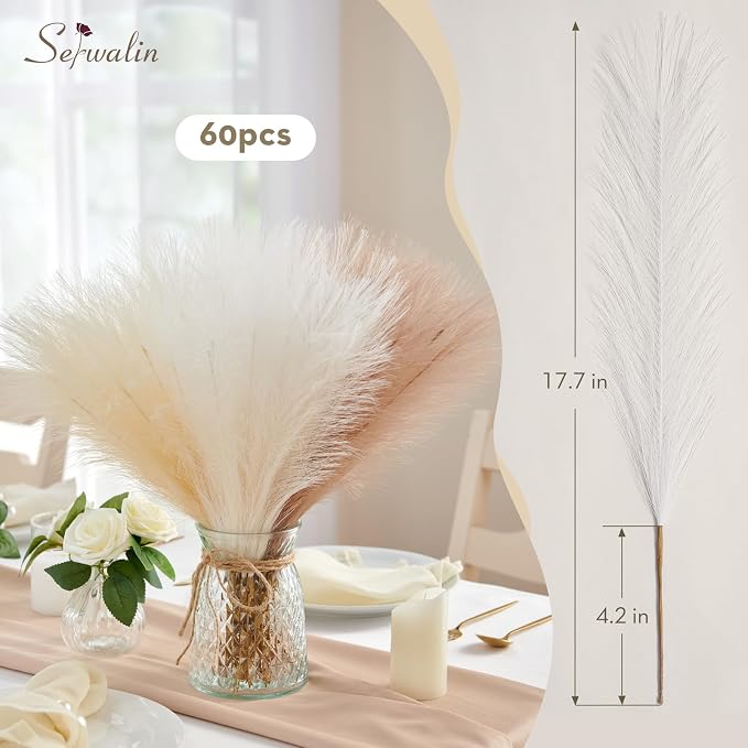 Serwalin 𝟲𝟬pcs Pampas Grass Decor, 𝟭𝟳.𝟳Inch Pampas Grass Home Decor, Faux Pampas Grass Bulk Boho Decor, Artificial Fake Flowers Fluffy, Vase Filler Faux Pampas Decoration Ivory Beige Sand