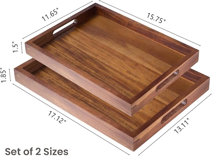 Acacia Wood Serving Trays Set of 2, 17x13 & 16x12 inch Rectangular Ottoman Trays, Decorative Wooden Trays with Handles for Food, Coffee, Tea, Living Room, Kitchen(2 Pack, Brown, 17"+16")
