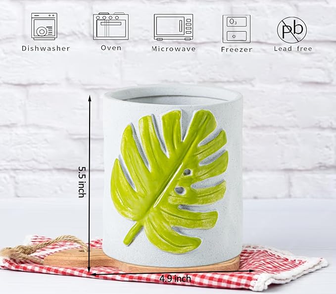 dgudgu Leaf Kitchen Utensil Holder For Countertop White Ceramic Utensil Crock For Counter 3D Green Oak Leaf Design Easy-Grip Textured Kitchen Countertop Organizer For Spoons Spatulas Cooking Tools