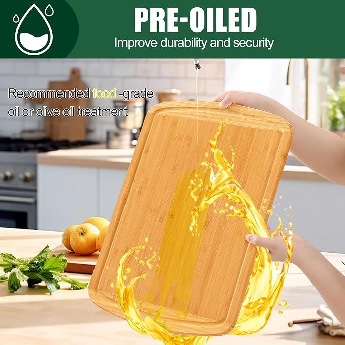 Homaxy Bamboo Cutting Boards for Kitchen Set of 3, Wood Cutting Board Set with Juice Groove, Wooden Butcher Block Chopping Board Set for Kitchen, Meat, Cheese, Fruit & Vegetables - Pre Oiled, Two-Tone