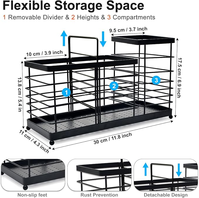 Kitchen Utensil Holder for Countertop, Thickened Stainless Steel Black Utensil Holder with Drainage Base, Large Capacity Kitchen Utensil Organizer with 1 Removable Divider (3 Compartment)