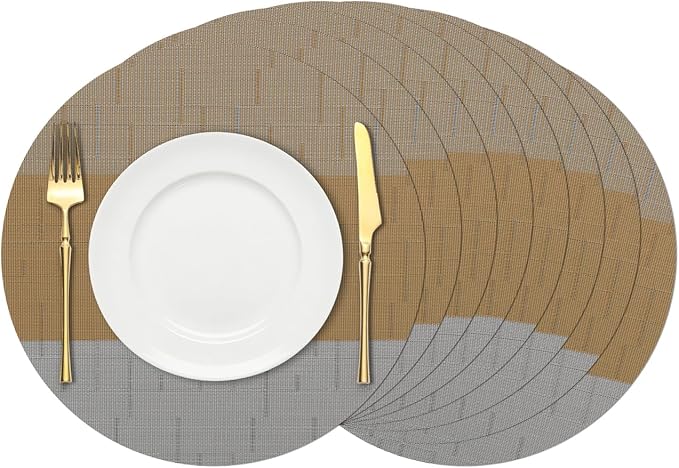 Round Placemats Set of 8, 15 Inch Woven Vinyl Heat Resistant Place Mats, Washable Non Slip PVC Table Mats for Kitchen Dining Party Outdoor Table Decor (Gray Light Brown, 8)