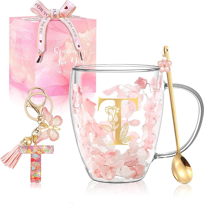 Personalized Gifts for Women Flower Glass Coffee Mug Initial Tea Cup Monogrammed Customized Bridesmaid Bride Wedding Gifts Graduation Gifts Valentine Mother's Day Birthday Christmas Gift (T)