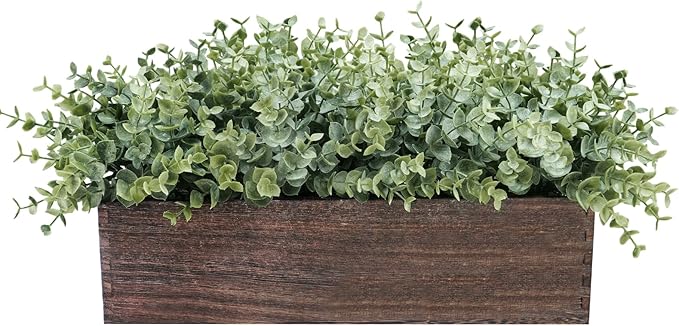 Winlyn 14" Artificial Eucalyptus in Rectangular Wood Planter Box Faux Plants Arrangement Centerpiece Wooden Potted Eucalyptus Plant for Farmhouse Wedding Dining Table Centerpiece Greenery Mantel Décor