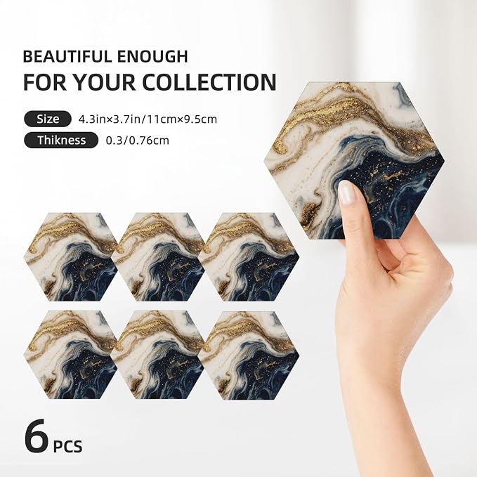 Modern Blue Beige Gold Marble Set of 6 Drinks Ceramic Coasters with Holder Funny Absorbent Cup Coasters with Cork Desk Table Protection Coffee Table Decor