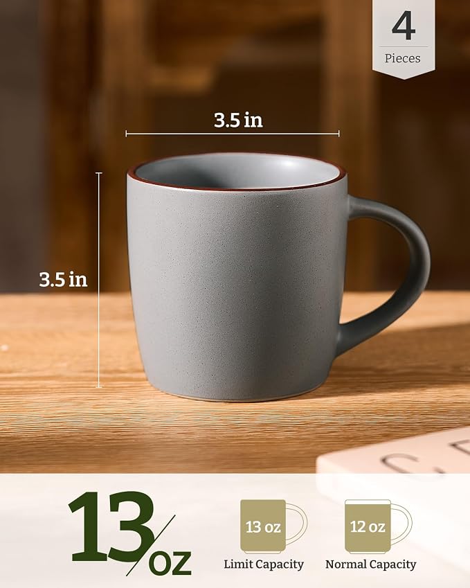 famiware Mercury Coffee Mugs 13 oz, Coffee Mugs Set of 4 with Handle, Cups for Latte, Hot Tea, Cappuccino, Mocha, Cocoa, Dark Grey