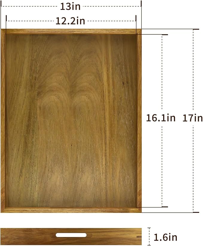 17 inch Acacia Wood Serving Tray with Handles, Decorative Display Tray for Coffee Table, Breakfast in Bed, Food Dinner